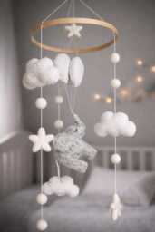 Elephant Baby Mobile Merino Wool Balloons & Clouds, Neutral Nursery Decor, Shower Gift