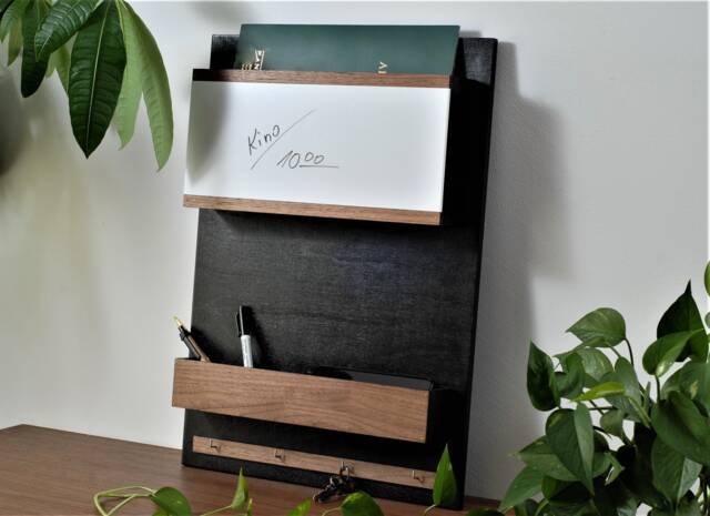 Wall Organizer + Dry Erase Board, Black & Walnut, Whiteboard, Noticeboard, Office, Desk - image 1