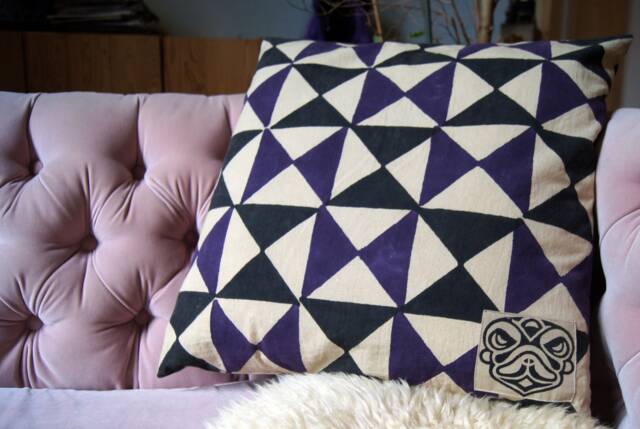 Hand Block Printed Cotton Pillow Cover Geometric Design - Damaru Purple & Black - image 1