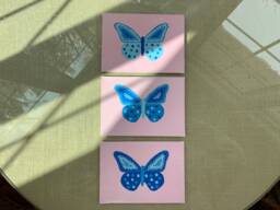 Blue Butterflies & Pink Painting, Canvas Wall Art, Set Of 3 - Great For Nursery, Children's Bedroom, Bathroom, Or Playroom - thumbnail 1
