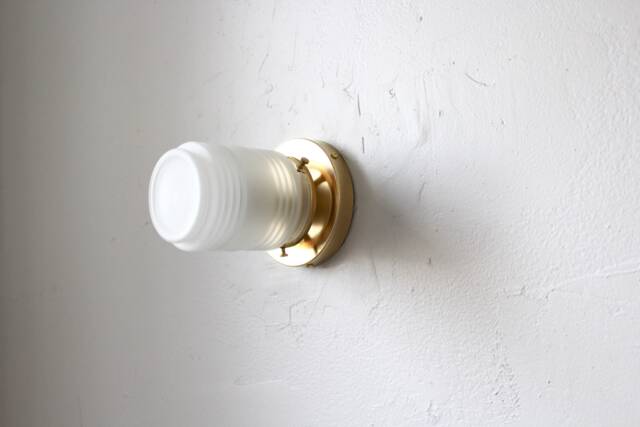 Wall Sconce Lamp, Brass Flush Mount Light, Ribbed Frosted Glass Jar Shade, Modern Industrial Minimalist Lighting Fixture, Wire in Or Plug - image 1