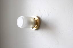 Wall Sconce Lamp, Brass Flush Mount Light, Ribbed Frosted Glass Jar Shade, Modern Industrial Minimalist Lighting Fixture, Wire in Or Plug