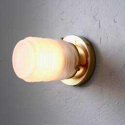 Wall Sconce Lamp, Brass Flush Mount Light, Ribbed Frosted Glass Jar Shade, Modern Industrial Minimalist Lighting Fixture, Wire in Or Plug - thumbnail 2