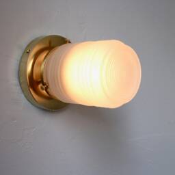Wall Sconce Lamp, Brass Flush Mount Light, Ribbed Frosted Glass Jar Shade, Modern Industrial Minimalist Lighting Fixture, Wire in Or Plug - thumbnail 3