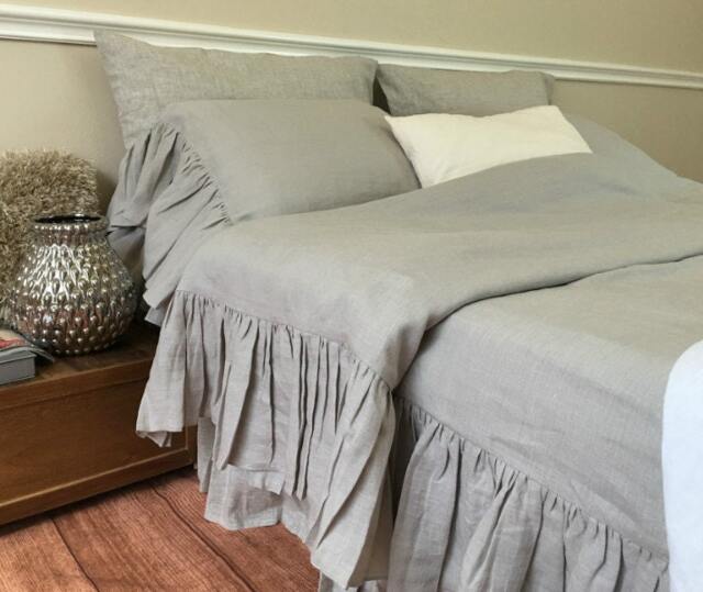 Shabby Chic Ruffled Duvet Cover With Mermaid Long Ruffle Style Handmade in Stone Grey Linen, Bedding, Shabby Chic Bedding - image 1