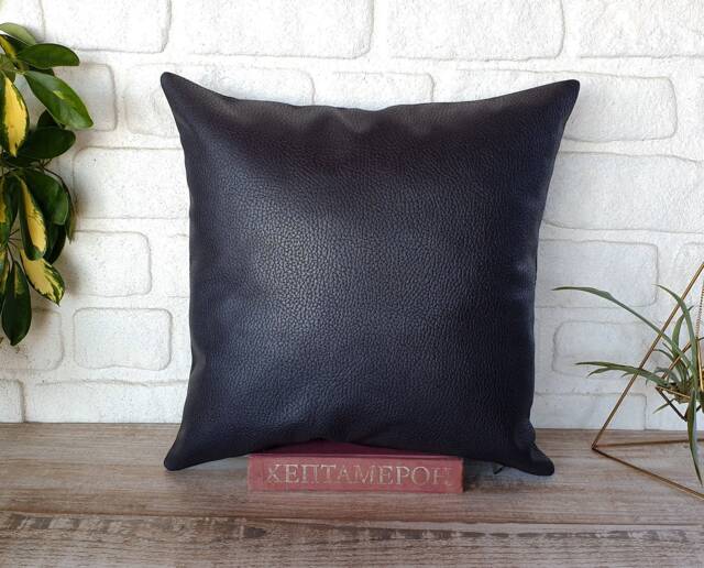 Anthracite Black Faux Leather Pillow Cover Scandinavian Decor - image 1