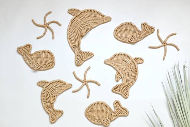Wicker Nautical Wall Decor Dolphin, Whale, Starfish - Beach House Art - image 1