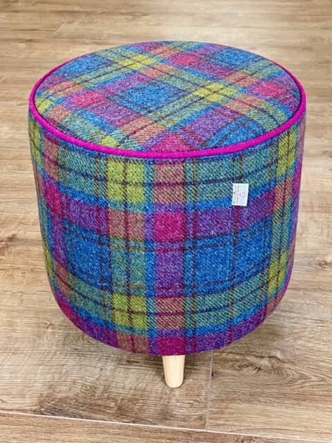 Colourful Tartan Harris Tweed Footstool With Fuchsia Piping & Tiny Wooden Legs - image 1