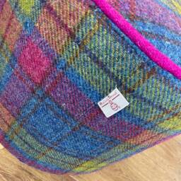 Colourful Tartan Harris Tweed Footstool With Fuchsia Piping & Tiny Wooden Legs - thumbnail 2
