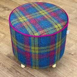 Colourful Tartan Harris Tweed Footstool With Fuchsia Piping & Tiny Wooden Legs - thumbnail 3