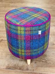 Colourful Tartan Harris Tweed Footstool With Fuchsia Piping & Tiny Wooden Legs - thumbnail 1