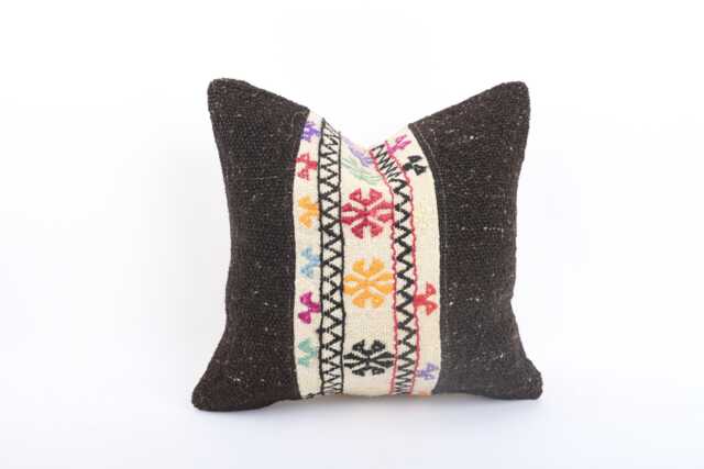 Vintage Turkish Kilim Pillow Cover Handwoven Wool Cushion - 16x16 - image 1