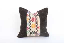 Vintage Turkish Kilim Pillow Cover Handwoven Wool Cushion - 16x16 - thumbnail 1