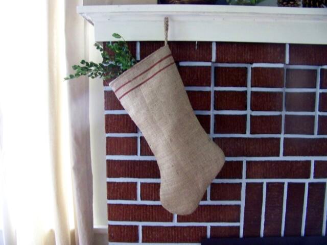 Handmade Burlap Christmas Stocking Farmhouse Style With Painted Stripes - image 1