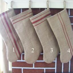 Handmade Burlap Christmas Stocking Farmhouse Style With Painted Stripes - thumbnail 3