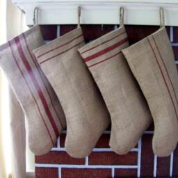 Handmade Burlap Christmas Stocking Farmhouse Style With Painted Stripes - thumbnail 2