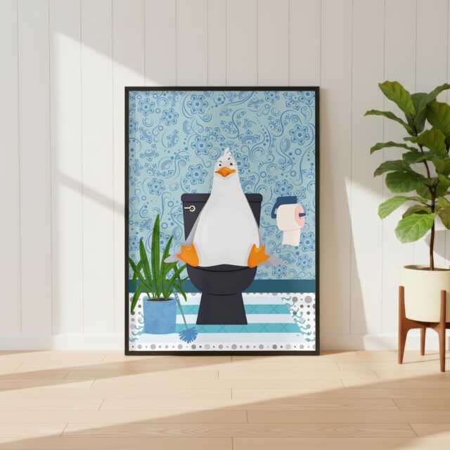 Seagull On The Toilet in A Blue Bathroom Print. Funny Animal Bathroom Prints - image 1