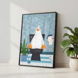 Seagull On The Toilet in A Blue Bathroom Print. Funny Animal Bathroom Prints - thumbnail 2