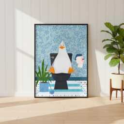 Seagull On The Toilet in A Blue Bathroom Print. Funny Animal Bathroom Prints - thumbnail 1