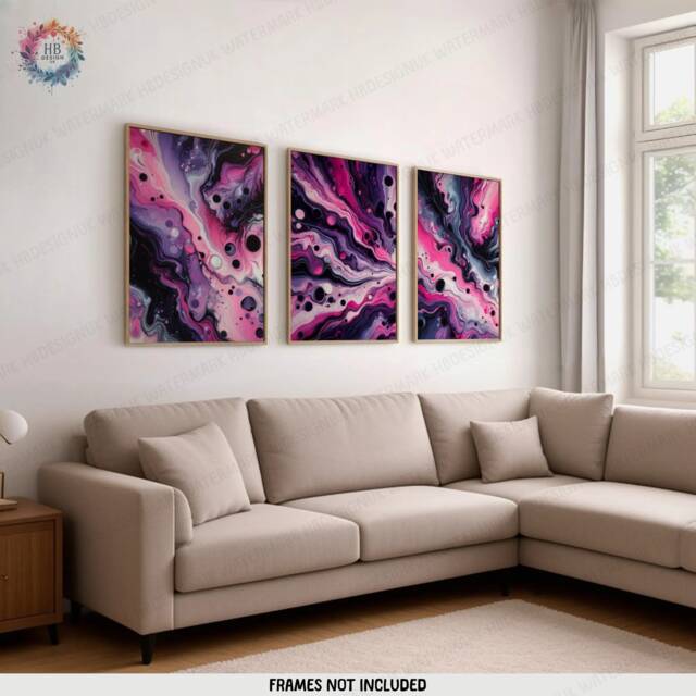 Purple & Pink Fluid Print Set - Living Room Wall Art - Home Decor Of 3 Prints Colourful Liquid Artwork Modern Ink Poster - image 1