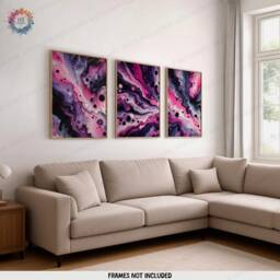 Purple & Pink Fluid Print Set - Living Room Wall Art - Home Decor Of 3 Prints Colourful Liquid Artwork Modern Ink Poster - thumbnail 1