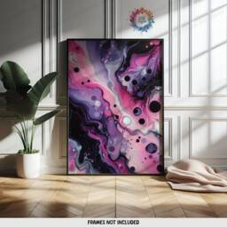 Purple & Pink Fluid Print Set - Living Room Wall Art - Home Decor Of 3 Prints Colourful Liquid Artwork Modern Ink Poster - thumbnail 3
