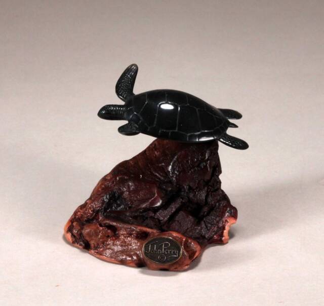 Turtle Sculpture Statue Decor By John Perry 4 Inches Long Ebonite On Burlwood - image 1