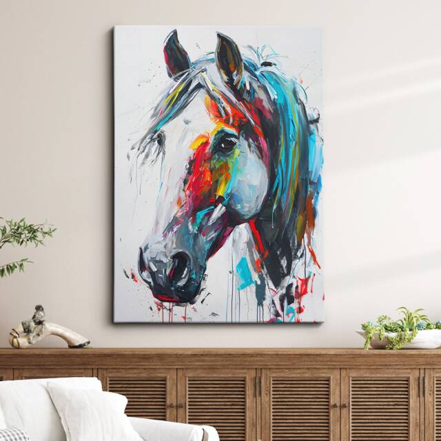 Colorful Horse Fun Animal Lover Abstract Oil Painting Wall Art Framed Canvas Poster Print Home Kitchen Living Room Decor Rider Gifts - image 1