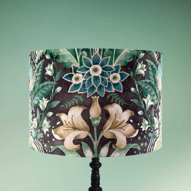 Luxury Green Velvet Maximalist Drum Lampshade With Florals & Birds - image 1