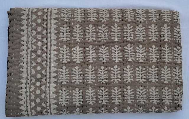 Brown Kantha Quilt Handmade Cotton Bedspread - Neutral Block Print Bedding Throw Rustic Farmhouse Boho Blanket Queen King Size - image 1