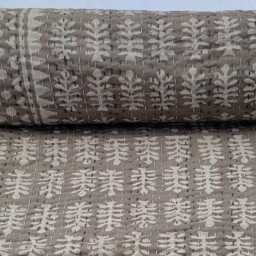 Brown Kantha Quilt Handmade Cotton Bedspread - Neutral Block Print Bedding Throw Rustic Farmhouse Boho Blanket Queen King Size - thumbnail 4
