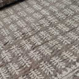 Brown Kantha Quilt Handmade Cotton Bedspread - Neutral Block Print Bedding Throw Rustic Farmhouse Boho Blanket Queen King Size - thumbnail 3