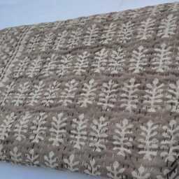 Brown Kantha Quilt Handmade Cotton Bedspread - Neutral Block Print Bedding Throw Rustic Farmhouse Boho Blanket Queen King Size - thumbnail 2