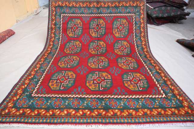 5x7 Orange Red Green Ersari Rug - Afghan Handmade Veg Dyes Wool Area Rug, Turkmen Tribal Oriental Rug For Living Room, Bedroom - image 1
