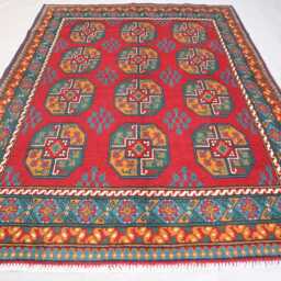 5x7 Orange Red Green Ersari Rug - Afghan Handmade Veg Dyes Wool Area Rug, Turkmen Tribal Oriental Rug For Living Room, Bedroom - thumbnail 3