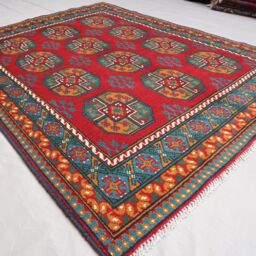 5x7 Orange Red Green Ersari Rug - Afghan Handmade Veg Dyes Wool Area Rug, Turkmen Tribal Oriental Rug For Living Room, Bedroom - thumbnail 2
