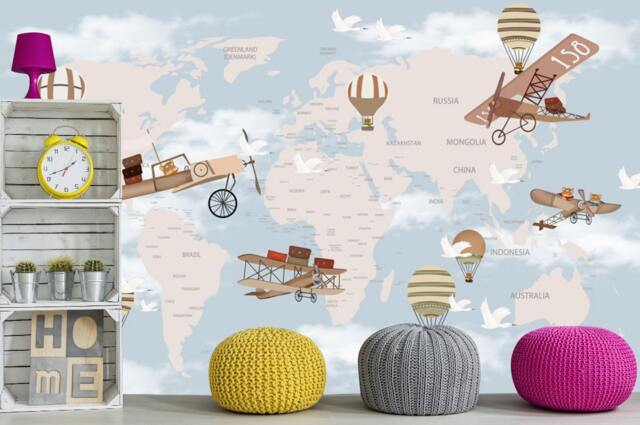World Map Airplanes Wallpaper Baby Boy Nursery Wall Decor - image 1
