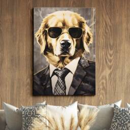 Golden Retriever Suit Bowtie Glasses Painting Framed Poster Print & Canvas Wall Decor Art Bedroom Home Interior Funny Dog Lover Gift