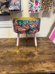 Light Pink & Gold Flamingo Leopard Beside Table, Teal Cheetah Jewel Design Nightstand With Gold , Colourful Home Decor Round End Table