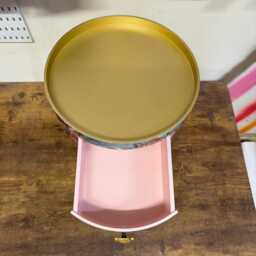 Light Pink & Gold Flamingo Leopard Beside Table, Teal Cheetah Jewel Design Nightstand With Gold , Colourful Home Decor Round End Table - thumbnail 3