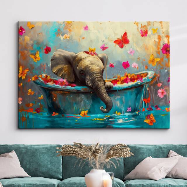 Elephant Bath Tub Animal Bathroom Oil Painting Framed Poster Print Or Canvas Wall Decor Art Home Interior Gift For Lover - image 1