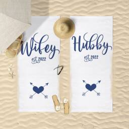 Honeymoon Wedding Beach Towels, Mr & Mrs, Hubby & Wifey, His Hers, Newleywed Gift, Set Of Two, Anniversary Gift - thumbnail 2
