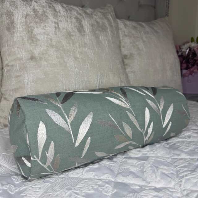 "Leaf Design Sage Green Cushion For Sofa Or Bed, Decorative Throw Pillow, John Lewis Langley Fabric, Cylinder Size 16"" X 6" - image 1