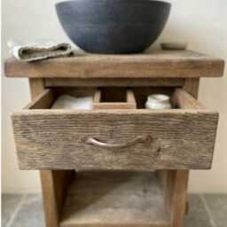 Compact Rustic Oak Bathroom Vanity With Stone Sink - Handmade Reclaimed Wood Piece - thumbnail 3