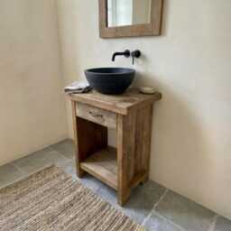 Compact Rustic Oak Bathroom Vanity With Stone Sink - Handmade Reclaimed Wood Piece