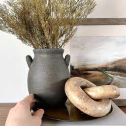 Matte Black Vase, Aged Vessel, Artisan Stone Texture Organic Decor Vase, Rustic Textured Vase With Handles, Urn, Japandi - thumbnail 2