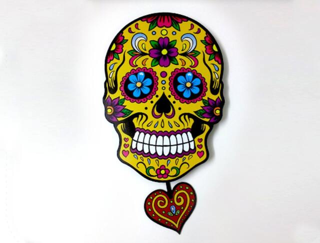 Big Yellow Sugar Skull - Day Of The Dead -Dia De Los Muertos Calavera Pendulum Wall Clock Deco - image 1