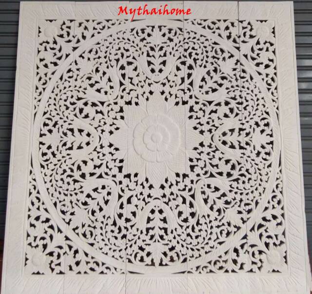 White Queen Size Bed Bohemian Mandala Headboard 59 Inch Lotus Flower Wooden Hand Craved Carving Teak Wood Art Panel Wall Decor Thailand 60 - image 1