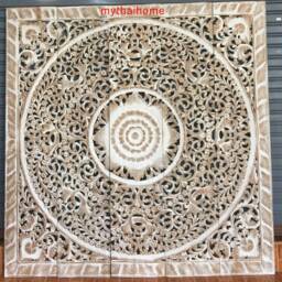 White Queen Size Bed Bohemian Mandala Headboard 59 Inch Lotus Flower Wooden Hand Craved Carving Teak Wood Art Panel Wall Decor Thailand 60 - thumbnail 2