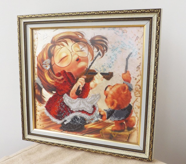 Baby Girl Nursery Decor, Framed Needlepoint, Shower Gift Room Decor Wall Hanging Violin Bear Decorations - image 1